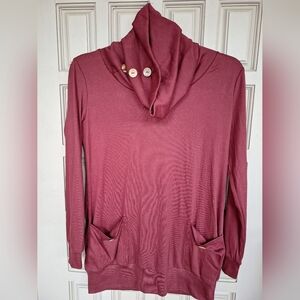 M Cowl Neck Maroon Tee Blouse Button Embellishment SzM Long Sleeve Tunic NWOT